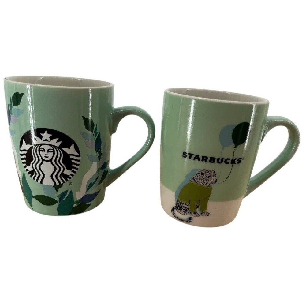 Starbucks Coffee Tea Mugs Set Of 2 Green Leaves & Jaguar Balloons 10 FL Oz NEW